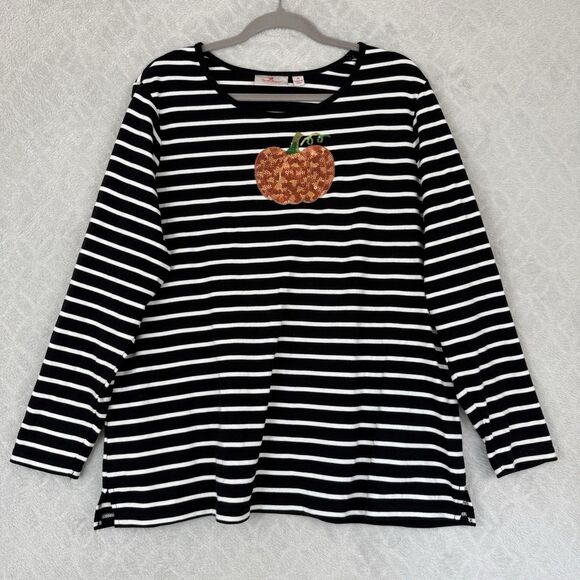 Quacker Factory Sequin Pumpkin Top Womens 1X Black Stripe Halloween Fall Autumn - Picture 1 of 10